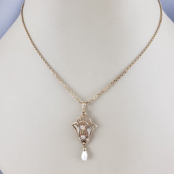 14K Yellow & White Gold Seed Pearl and Diamond Pendant #19432 - Picture 7 of 8